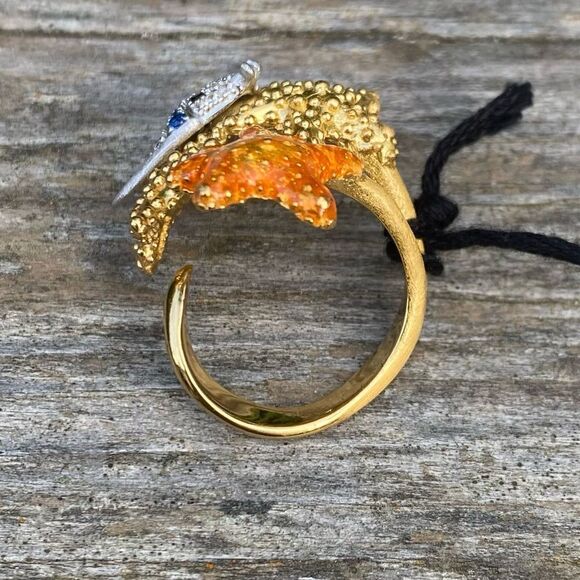 Misis Isla de Mujeres Fish & Starfish Rhinestone Gold Ring. Adjustable. NWT - Picture 6 of 8